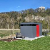 Design Gartenhaus in grau mit roter Türe Kostenanfrage