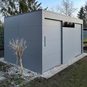 Grosses graues Gartenhaus mit Flachdach aus HPL Kostenanfrage