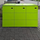Grüne Mülltonnenbox mit separater Paketbox Kostenanfrage