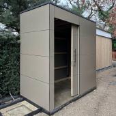 Schmales Gartenhaus aus HPL mit Schiebetüre Kostenanfrage