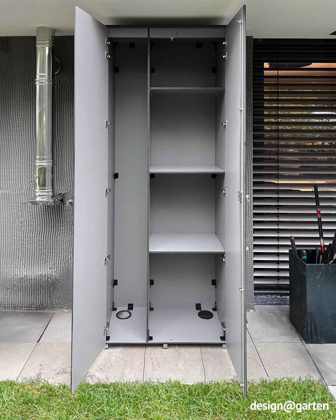 Tall custom-made garden cabinet for brooms, ladders and rakes 1