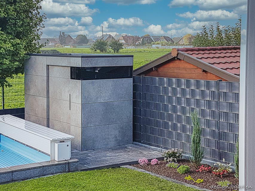 Caseta de piscina con decoración Empire Slate y acristalamiento en esquina 7