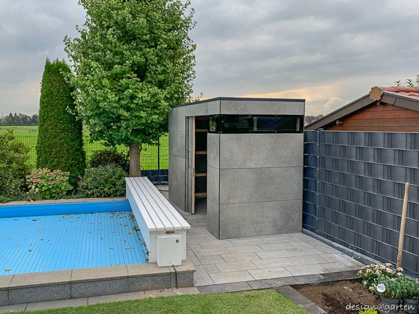 Caseta de piscina con decoración Empire Slate y acristalamiento en esquina 6