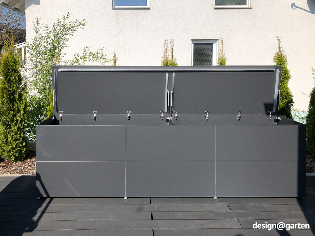 Long coffre de jardin anthracite pour coussins, matelas et accessoires de barbecue 5